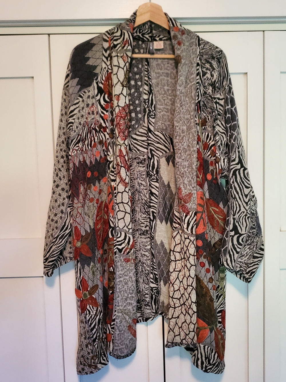 ANU Wool Open Cardigan Colorful Floral Print Artsy Embroidered Small Lagenlook